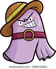 Funny purple ghost with brown hat cartoon illustration