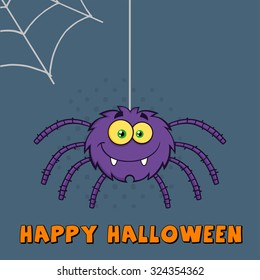 Funny Purple Halloween Spider Cartoon Character On A Web With Text. Vector Illustration Greeting Card