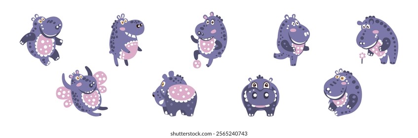 Funny Purple Hippo Character with Cute Snout Vector Set