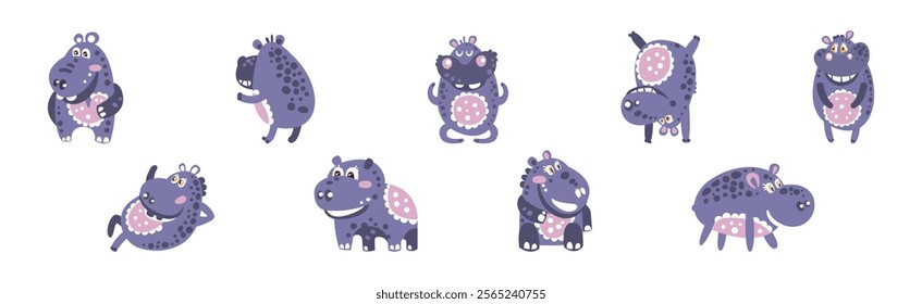 Funny Purple Hippo Character with Cute Snout Vector Set