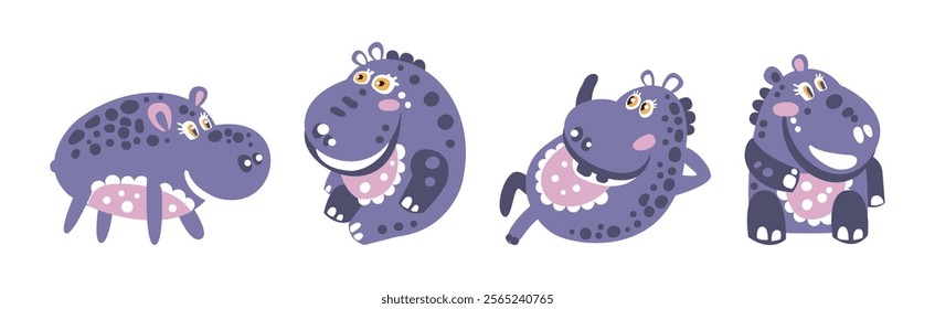 Funny Purple Hippo Character with Cute Snout Vector Set