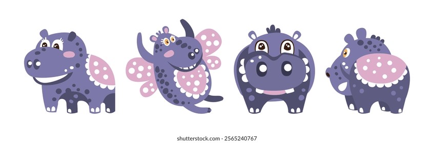 Funny Purple Hippo Character with Cute Snout Vector Set