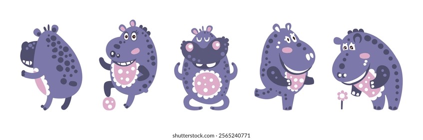 Funny Purple Hippo Character with Cute Snout Vector Set