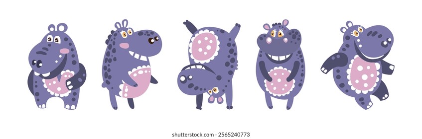 Funny Purple Hippo Character with Cute Snout Vector Set