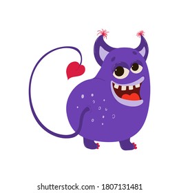 Funny purple monster in cartoon style. Children's illustration with cute characters isolated on white background. Vector