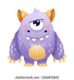 Funny Purple Monster with Hairy Body and Smiling Face Vector Illustration