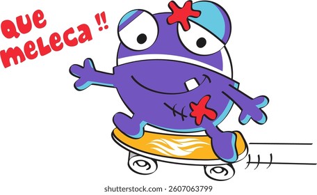 Funny purple monster skateboarding with a big smile on a yellow board