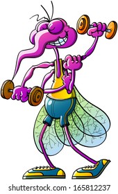 Funny purple mosquito wearing a yellow tank and a blue short while grinning, posing and lifting weights to strengthen its skinny figure