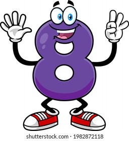 Funny Purple Number Eight 8 Cartoon Character Showing Hands Number Eight. Vector Hand Drawn Illustration Isolated On Transparent Background