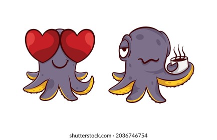 Funny Purple Octopus Character with Tentacles Feeling Love and Drinking Hot Coffee Vector Set