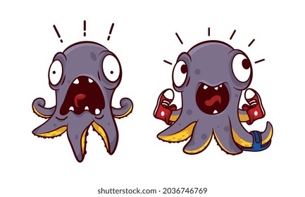 Funny Purple Octopus Character with Tentacles Wearing Footwear and Screaming Vector Set