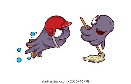 Funny Purple Octopus Character with Tentacles Mopping the Floor and Wearing Helmet Vector Set