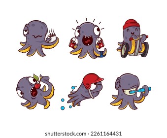 Funny Purple Octopus Character with Tentacles Engaged in Different Activity Vector Set