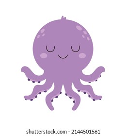 funny purple octopus, vector illustration with underwater creature in flat cartoon style