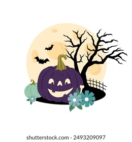 Funny purple pumpkin on the background of the moon and tree silhouette. Halloween. Holiday sticker, illustration for a card, invitation or other design. Cartoon pumpkin.