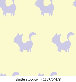 Funny purple silhouette of a cat. Hand-drawn children's design. Stock vector illustration .Seamless pattern on a yellow background. Animals