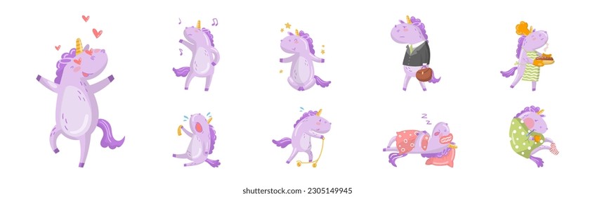 Funny Purple Unicorn Engaged in Different Activity Vector Illustration Set