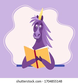 Funny purple Unicorn is reading fairytale. Cute animal open book and study. Vector illustration for children who likes literature.