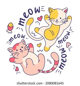 Funny purr cats.Drawing vector illustration. Doodle cartoon style sticker set.