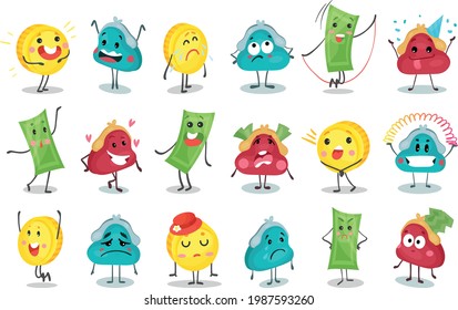 Funny Purse, Banknote and Coins Humanized Characters Showing Happiness and Sadness Vector Set