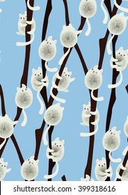 Funny pussy-willow cats sitting on the branches. Seamless spring background. Easter illustration. Cute kawaii style. 