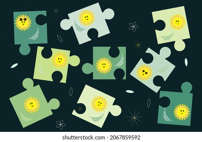 Funny puzzle on abstract background. Emotions in the form of children's puzzles with a smile. Pattern for baby. Geometric elements for kids development on a modern, trendy, cool background. Vector