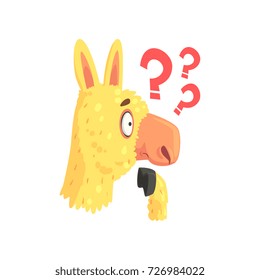 Funny puzzled lama character, cute alpaca animal cartoon vector Illustration