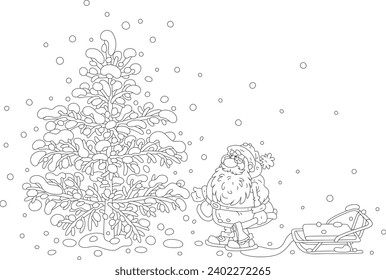 Funny puzzled Santa Claus with an ax and sleigh choosing a beautiful Christmas tree for the merry winter holiday, black and white vector cartoon illustration for a coloring book