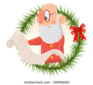 Funny puzzled Santa Claus in glasses reads long list of wishes. Isolated on white background. Round design element, frame of fir branches. Cartoon character vector illustration.
