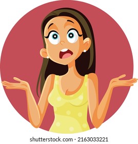 
Funny Puzzled Woman Having Questions Vector Cartoon Illustration. Silly indecisive woman feeling embarrassed and confused 
