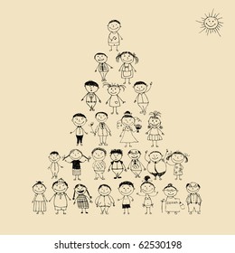 Funny pyramid with happy big family smiling together, drawing sketch