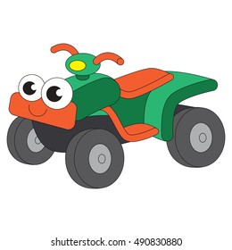 Funny quad bike cartoon. Outlined vehicle with black stroke.