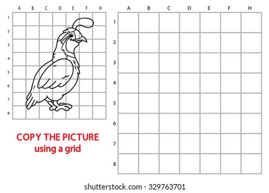 funny quail game. Vector illustration of grid copy puzzle with happy cartoon quail for children