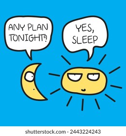Funny Question And Answer Between Star And Sun In Their Conversation About Plan Tonight Concept Card Character illustration