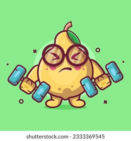 funny quince fruit character mascot doing bodybuilding using dumbbell isolated cartoon in flat style design