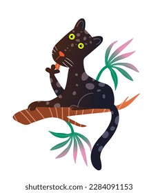 Funny and quirky black panther laying on a branch in the jungle, licking paw, surrounded by tropical foliage. Modern wild cat graphics for Kids. Isolated vector design for children's books.