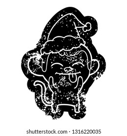 funny quirky cartoon distressed icon of a monkey wearing santa hat