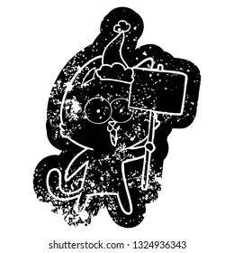 funny quirky cartoon distressed icon of a cat with sign wearing santa hat