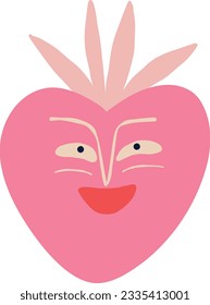 Funny quirky charming pink strawberry with awesome smiling face. Baby berry character. Illustration in a modern drawn childish style