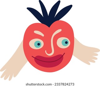 Funny quirky charming red apple with face with handles and legs. Hand drawn Illustration in retro style
