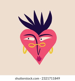 Funny quirky charming strawberry with a cute face and glasses. Illustration in a modern drawn children's style