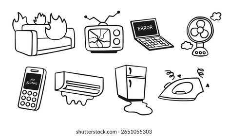 Funny and quirky hand drawn element set of broken household appliances illustrating malfunctioning electronics.