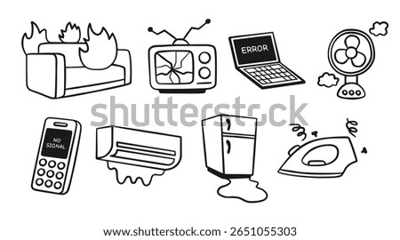 Funny and quirky hand drawn element set of broken household appliances illustrating malfunctioning electronics.