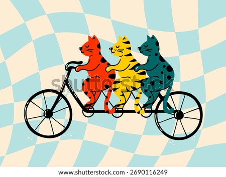 A funny and quirky vector illustration of three colorful cats riding a tandem bicycle. This retro, groovy artwork symbolizes teamwork and friendship, perfect for fun and creative projects