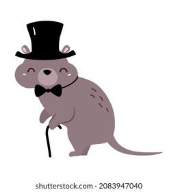 Funny Quokka as Australian Animal Wearing Bow Tie with Cane Vector Illustration