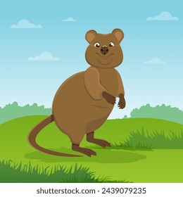 Funny quokka is a cartoon flat vector illustration isolated on a bright background. The animal is a macropod. Cute children's character for alphabet, postcards