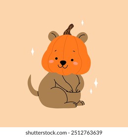 Engraçado Quokka, Wallaby com orelhas arredondadas e cabeça de abóbora. Ilustração de desenho animado de Halloween.