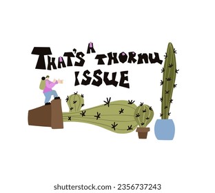 cita graciosa sobre las plantas. Un hombre con una mochila muestra el camino. Cactus con patatas