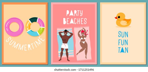 Funny quote summer cards. Modern hand-drawn vector cards. Summertime holiday concept. Tropical vibe summer templates. Boy and girl sunbathing, pool rings and funny bath duck.