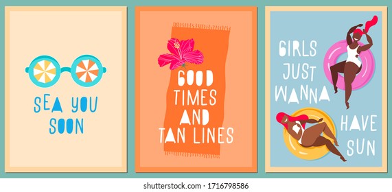 Funny quote summer cards. Summertime holiday concept. Modern hand-drawn vector cards and trendy handwritten quotes. Greeting card templates. Women and pool rubber rings, sunglasses and hibiscus flower